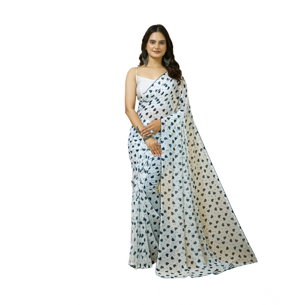 Spherevant Women's Georgette Printed Saree With Unstitched Blouse 5.5Mtr (White)
