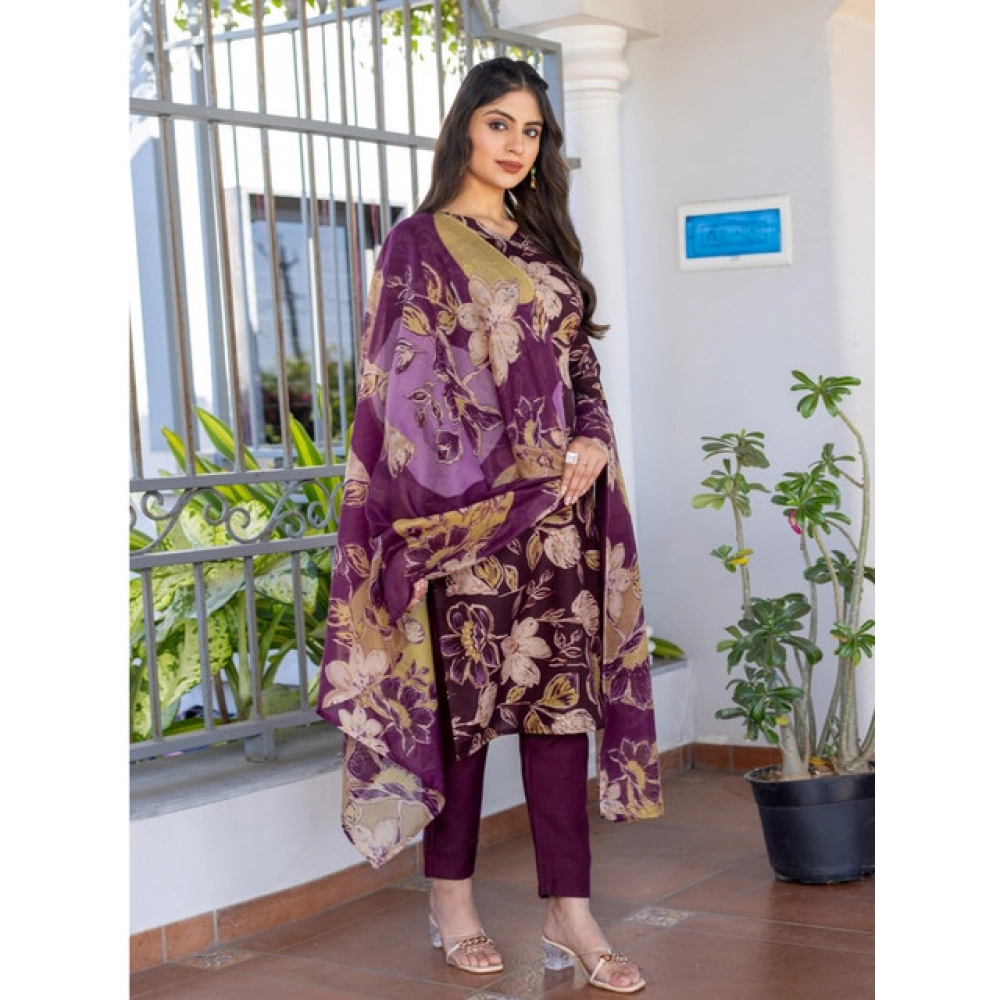 Spherevant Women's Cotton Blend Printed Kurti With Pant Dupatta Set (Purple) - Image 3