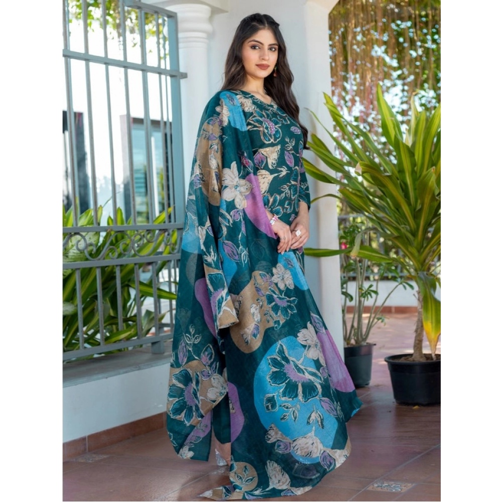 Spherevant Women's Cotton Blend Printed Kurti With Pant Dupatta Set (Rama) - Image 2