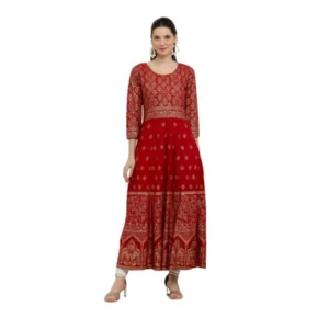 Spherevant Women's Casual Rayon 3-4th Sleeves Anarkali Kurti (Red)