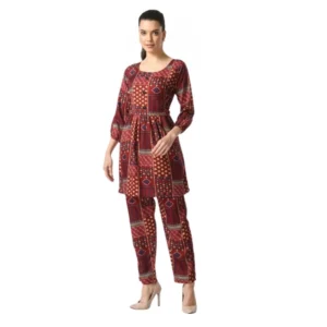 Spherevant Women's Casual Crepe 3-4th Sleeves Cord Set (Maroon)