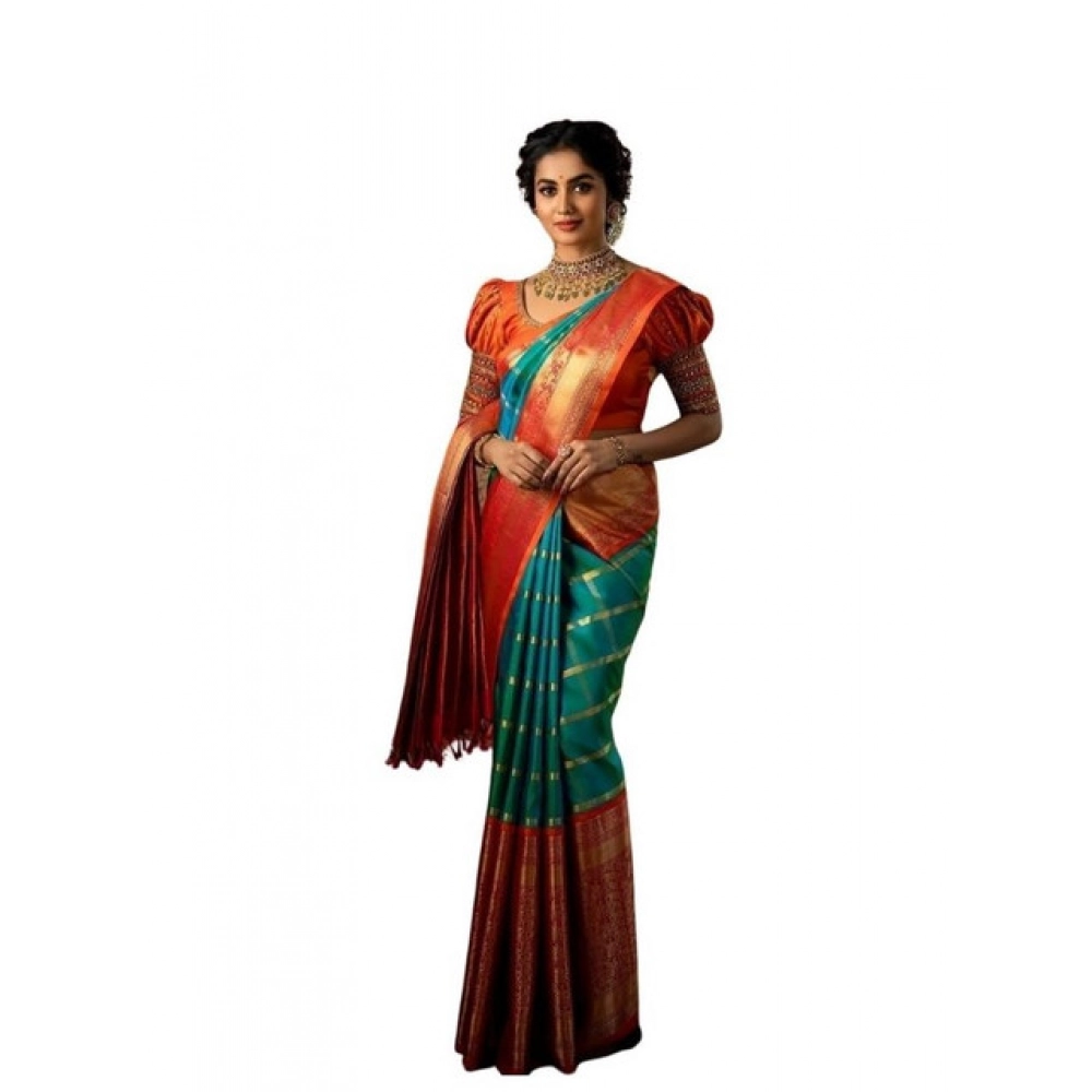 Spherevant Women's Soft Lichi Silk Printed Saree With Unstitched Blouse 5.5Mtr (Green)