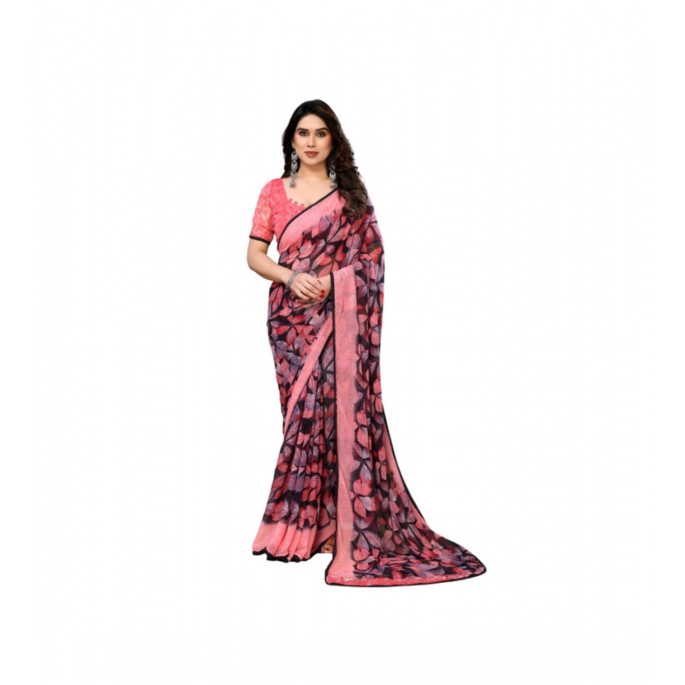 Spherevant Women's Chiffon Printed Saree With Unstitched Blouse 5.5Mtr (Pink)