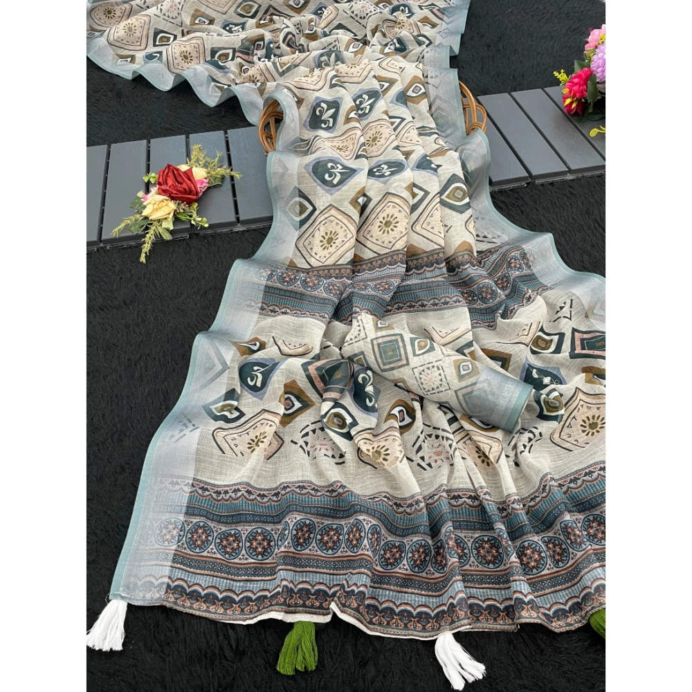 Spherevant Women's Linen Cotton Printed Saree With Unstitched Blouse 5.5Mtr (Grey)