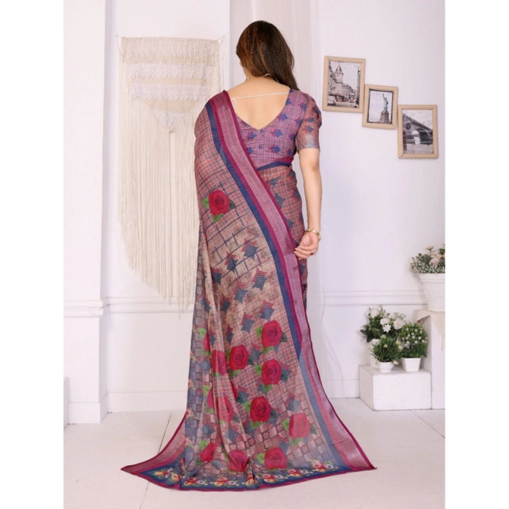 Spherevant Women's Linen Cotton Printed Saree With Unstitched Blouse 5.5Mtr (Wine ) - Image 2
