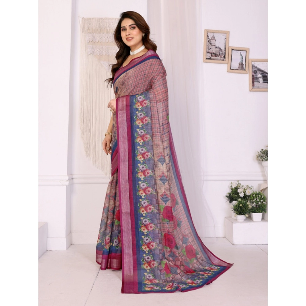 Spherevant Women's Linen Cotton Printed Saree With Unstitched Blouse 5.5Mtr (Wine ) - Image 3