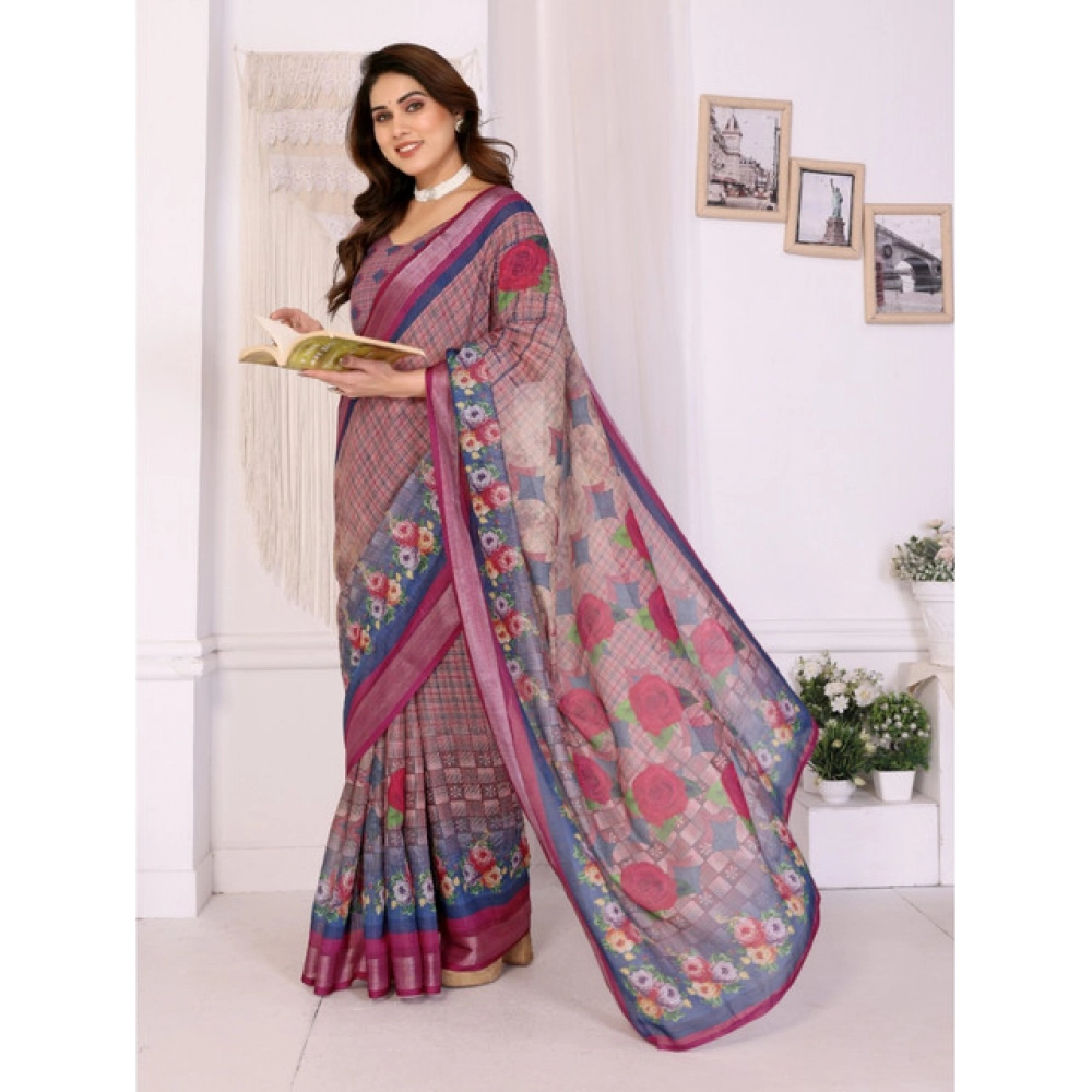 Spherevant Women's Linen Cotton Printed Saree With Unstitched Blouse 5.5Mtr (Wine ) - Image 4