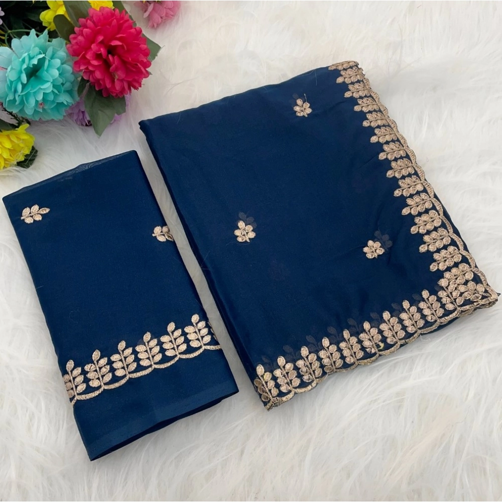 Spherevant Women's Georgette Embroidered Saree With Unstitched Blouse 5.5Mtr (Blue)