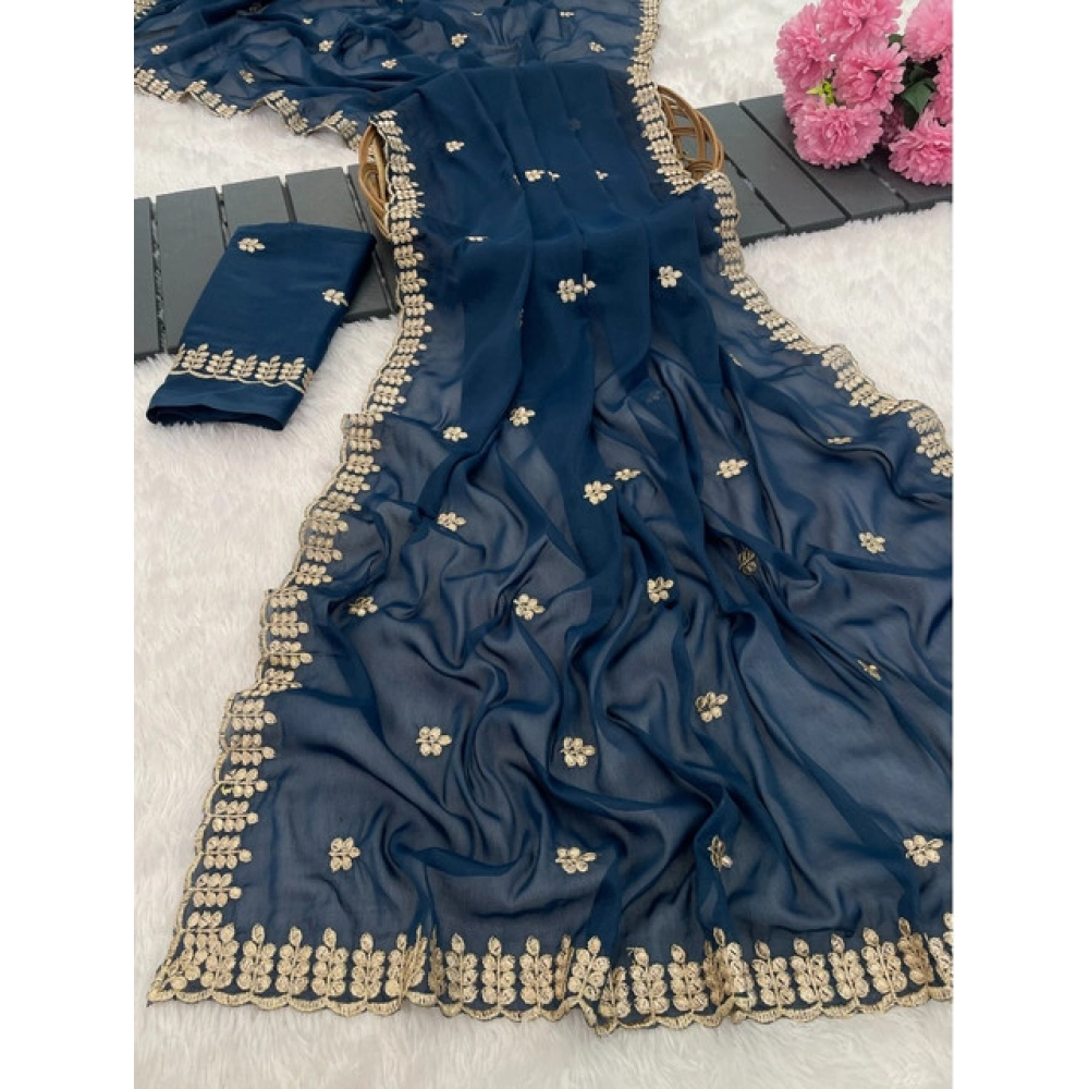 Spherevant Women's Georgette Embroidered Saree With Unstitched Blouse 5.5Mtr (Blue) - Image 2