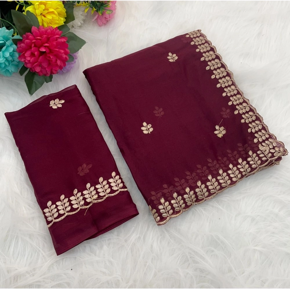 Spherevant Women's Georgette Embroidered Saree With Unstitched Blouse 5.5Mtr (Red)