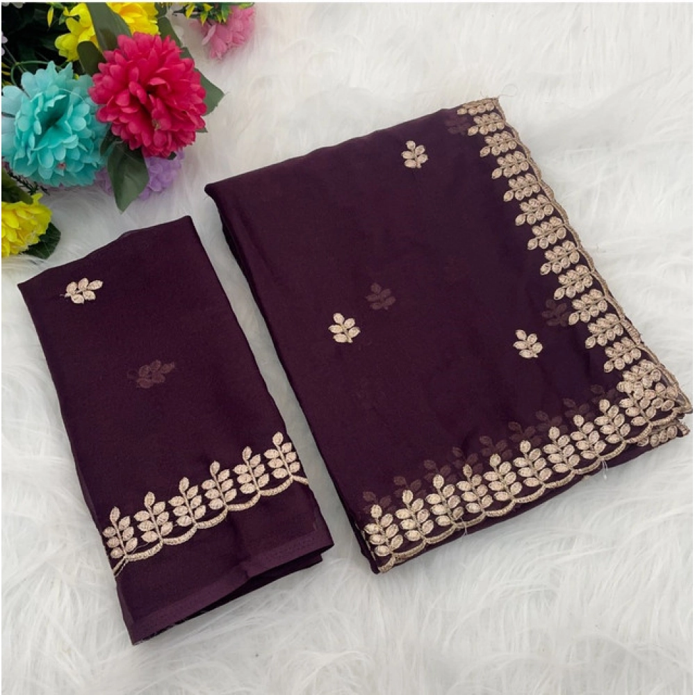 Spherevant Women's Georgette Embroidered Saree With Unstitched Blouse 5.5Mtr (Wine)