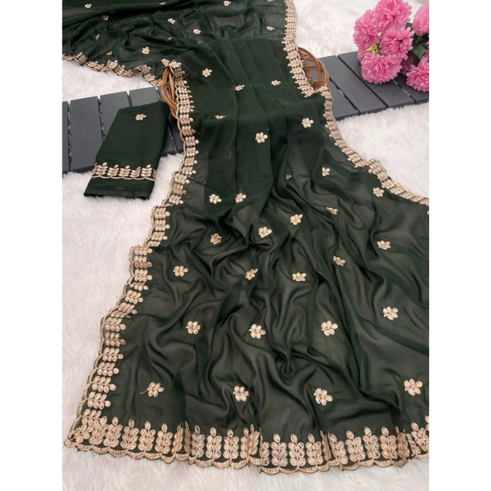 Spherevant Women's Georgette Embroidered Saree With Unstitched Blouse 5.5Mtr (Green)
