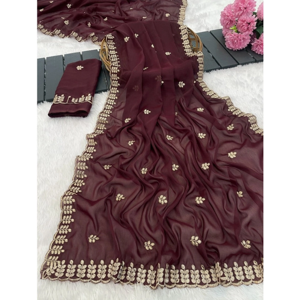 Spherevant Women's Georgette Embroidered Saree With Unstitched Blouse 5.5Mtr (Maroon)