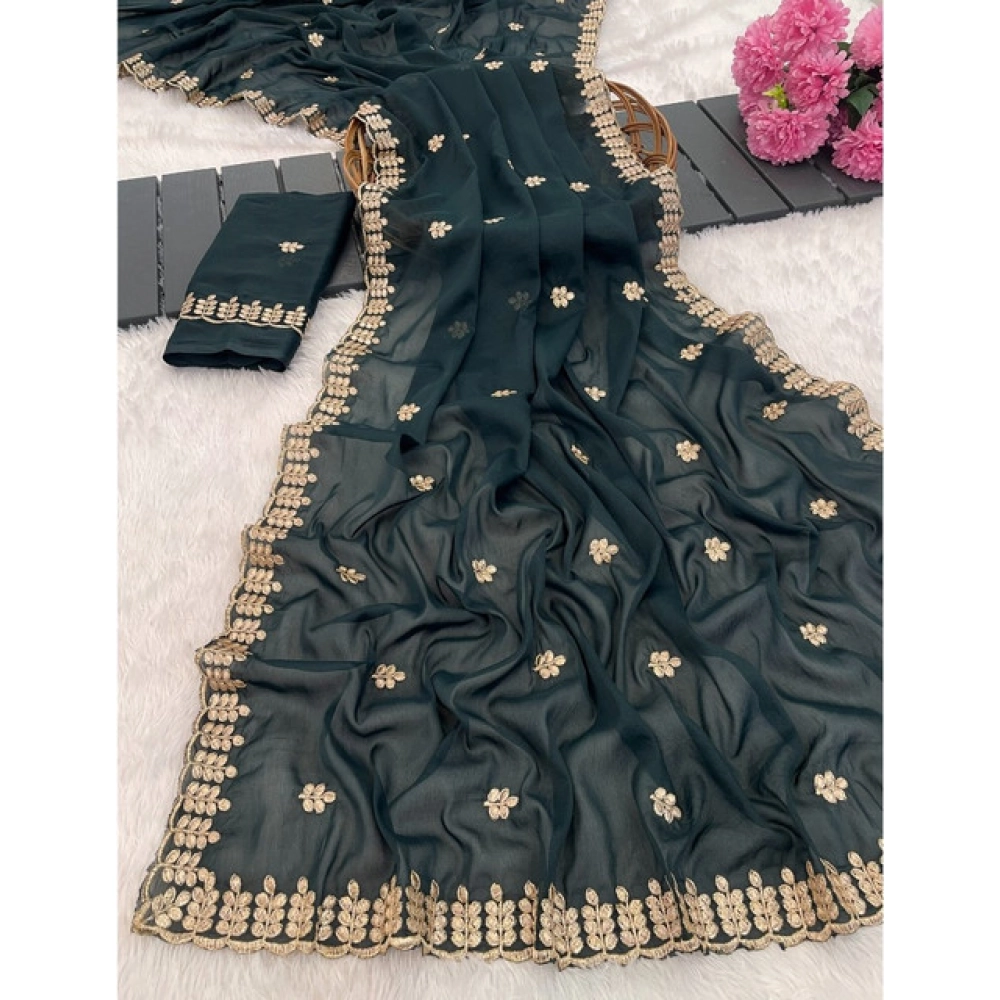 Spherevant Women's Georgette Embroidered Saree With Unstitched Blouse 5.5Mtr (Teal)