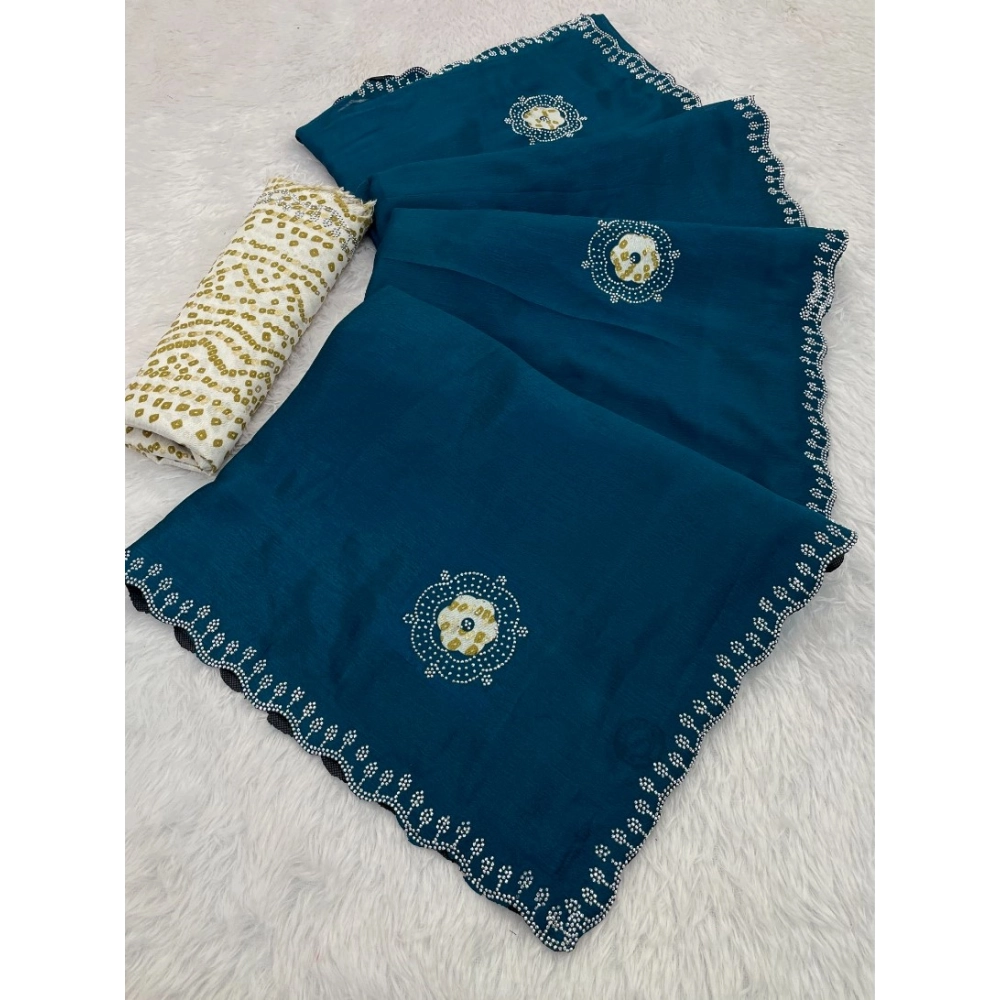 Spherevant Women's Chiffon Butti Dotted Saree With Unstitched Blouse 5.5Mtr (Blue)