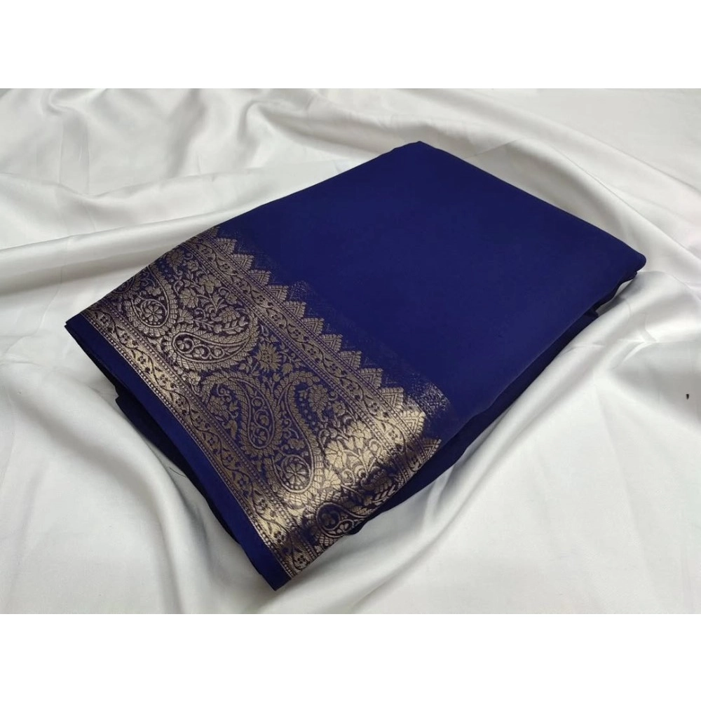 Spherevant Women's Crepe Chit Pallu Solid Saree With Unstitched Blouse 5.5Mtr (Blue)