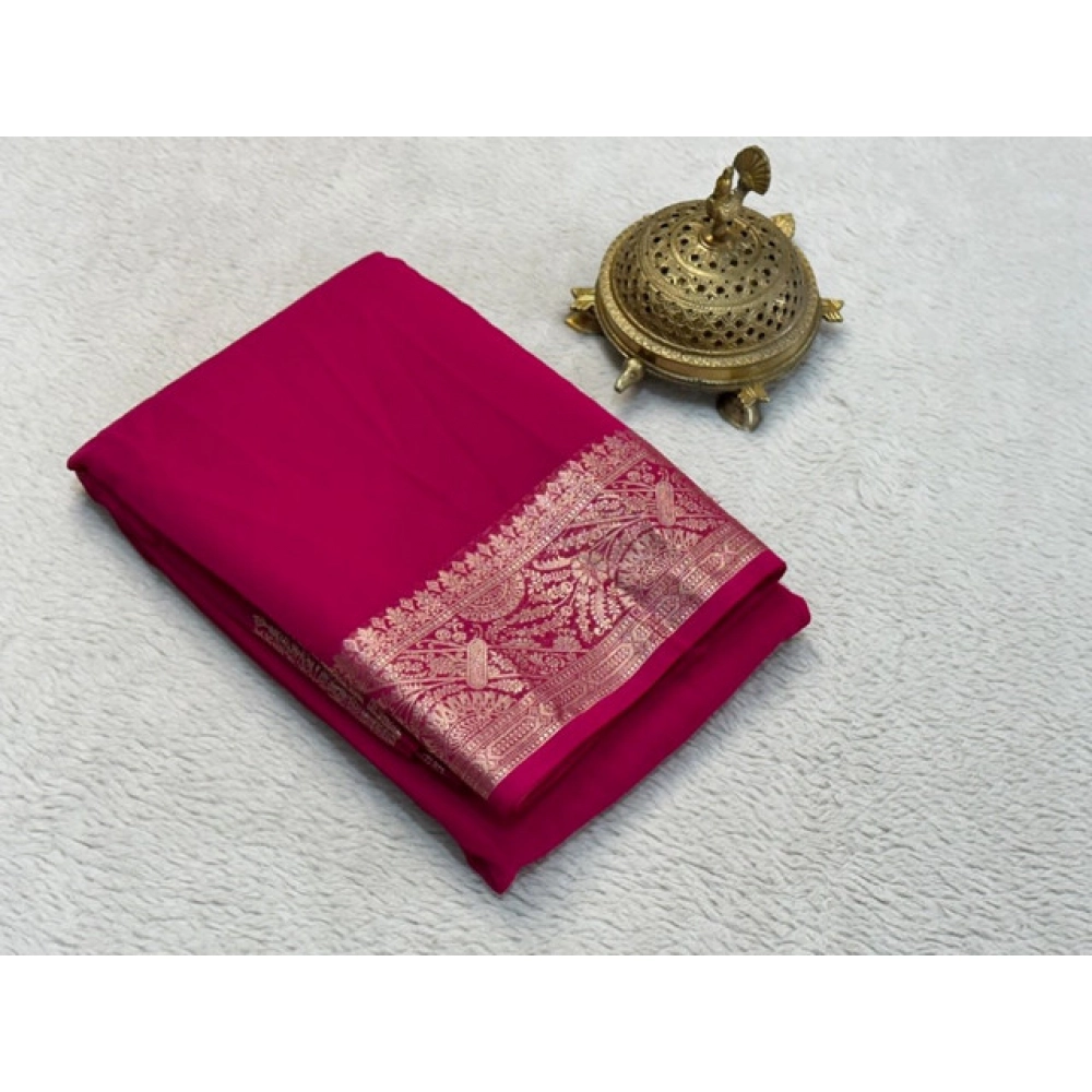 Spherevant Women's Crepe Chit Pallu Solid Saree With Unstitched Blouse 5.5Mtr (Pink)