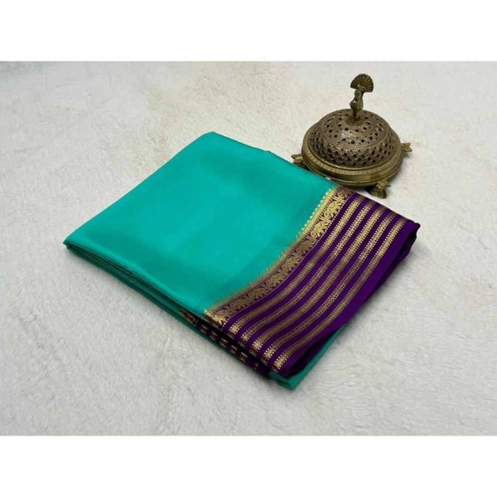 Spherevant Women's Crepe Chit Pallu Solid Saree With Unstitched Blouse 5.5Mtr (Sky Blue)