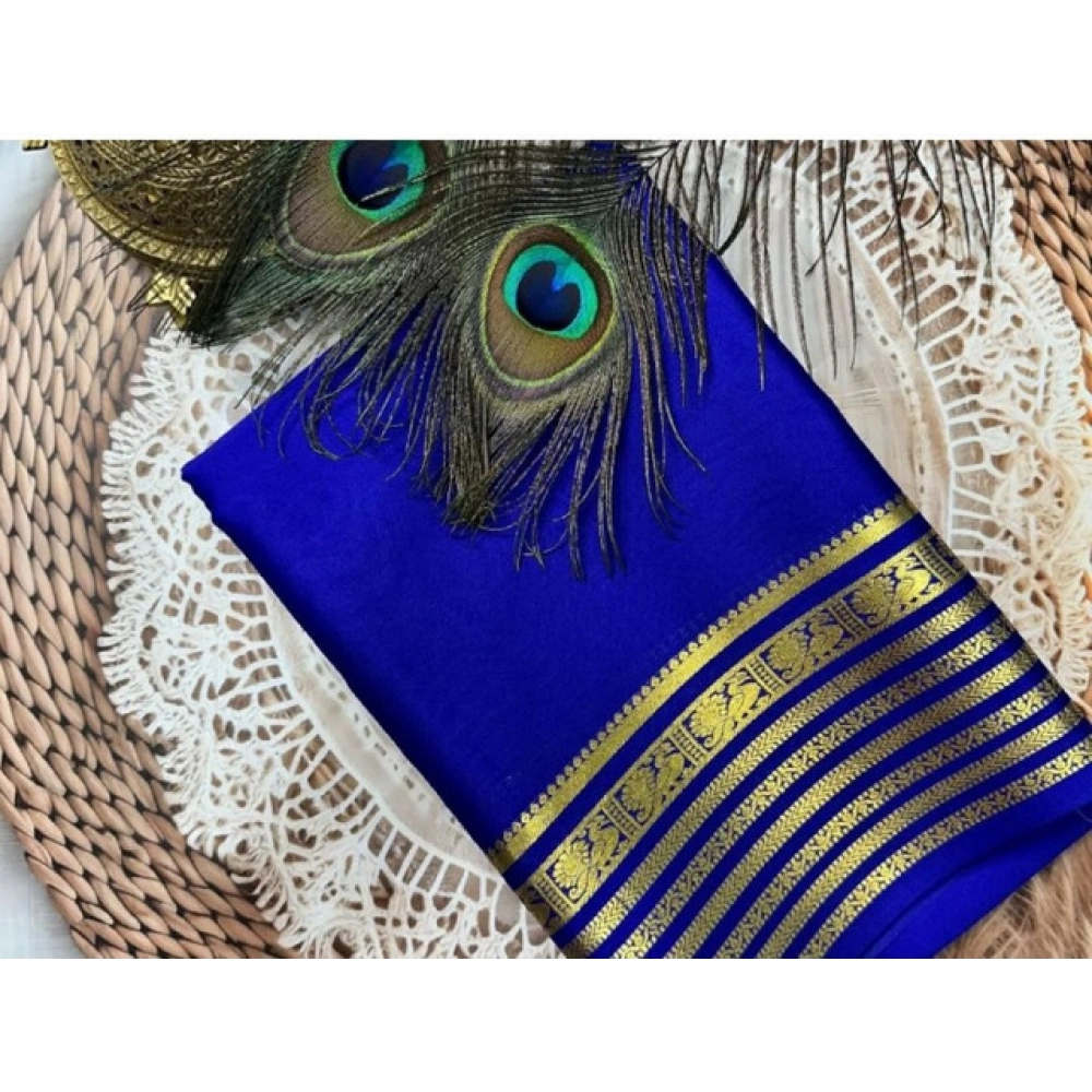 Spherevant Women's Crepe Chit Pallu Solid Saree With Unstitched Blouse 5.5Mtr (Blue)