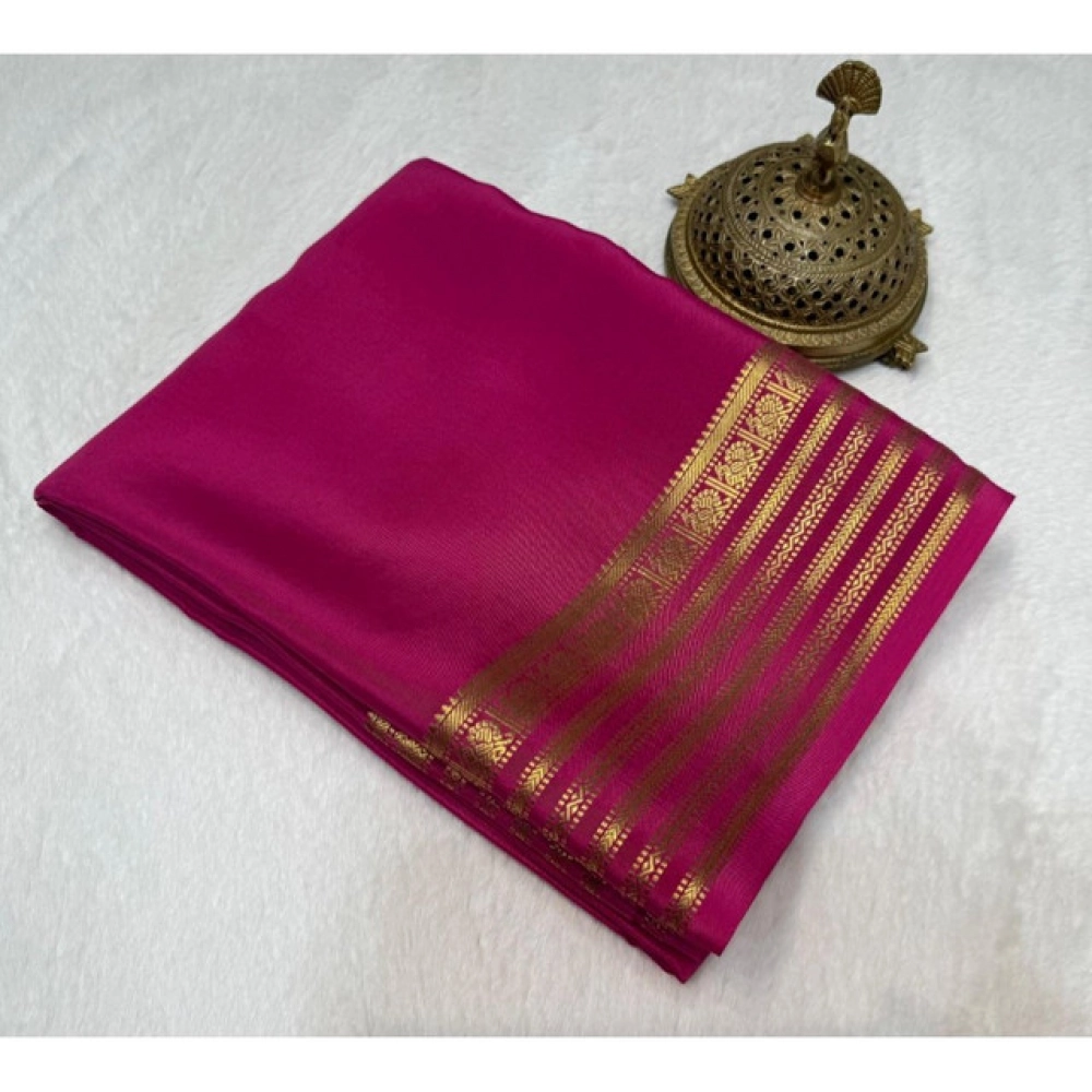 Spherevant Women's Crepe Chit Pallu Solid Saree With Unstitched Blouse 5.5Mtr (Pink)