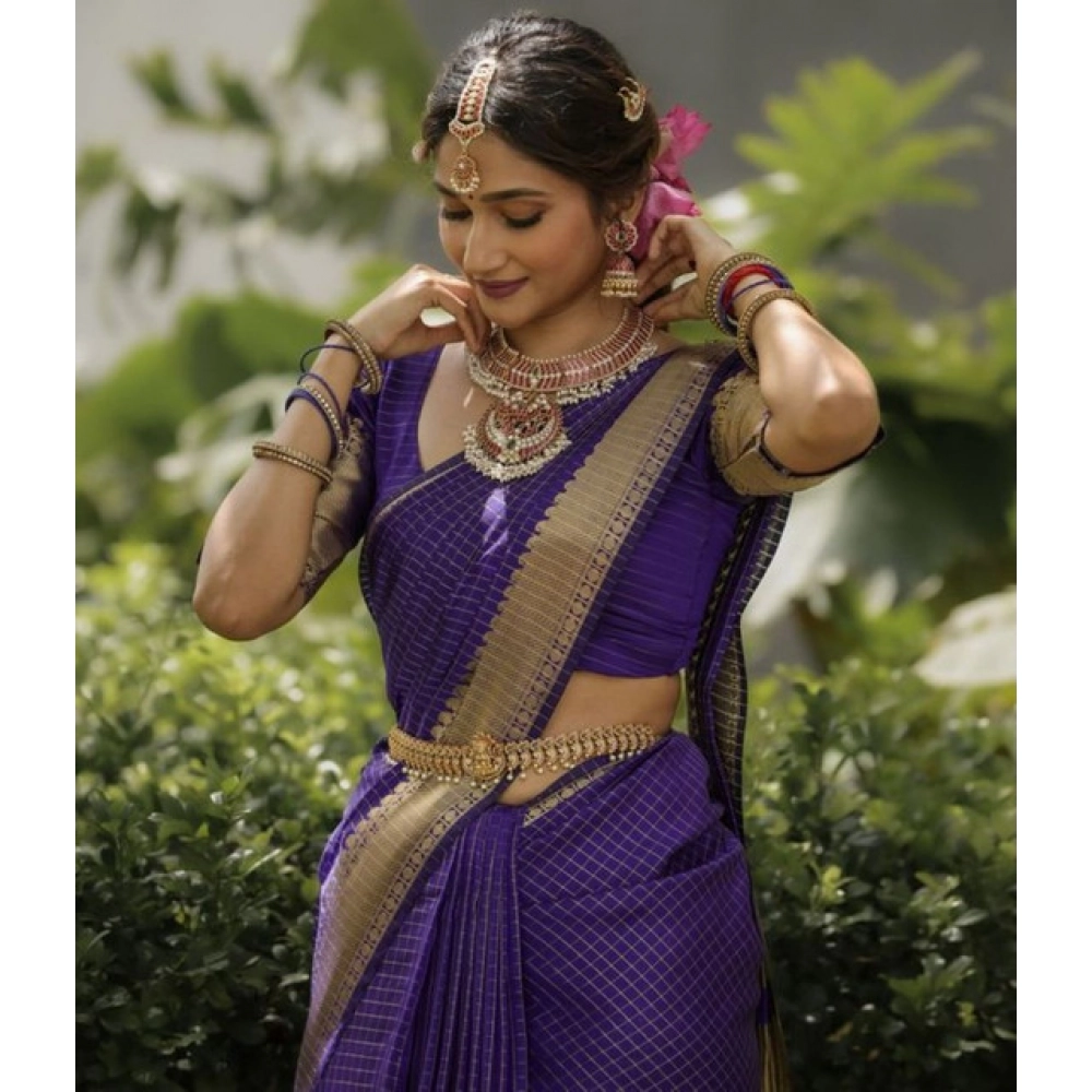 Spherevant Women's Banarasi Silk Printed Saree With Unstitched Blouse 5.5Mtr (Purple)
