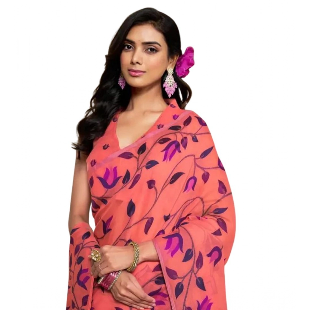 Spherevant Women's Georgette Printed Saree With Unstitched Blouse 5.5Mtr (Peach)