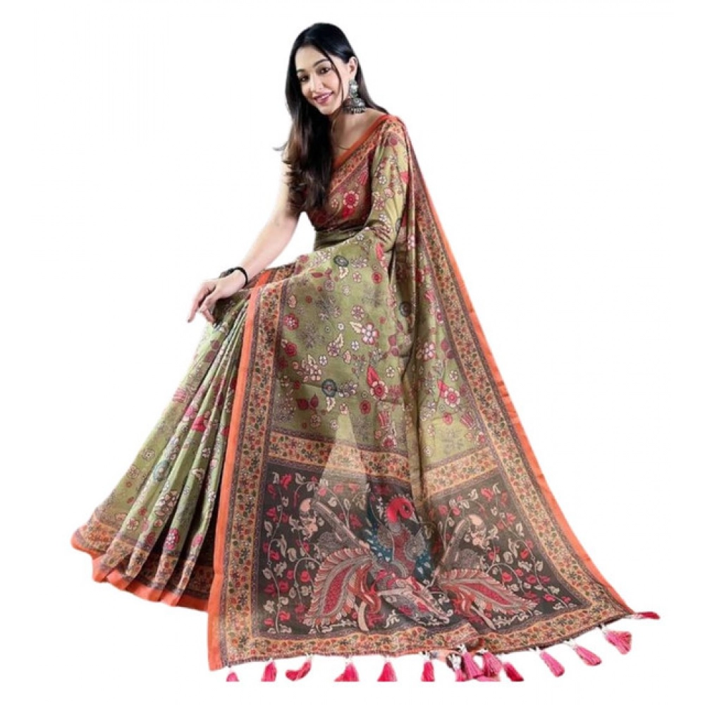 Spherevant Women's Linen Printed Saree With Unstitched Blouse 5.5Mtr (Sea Green)