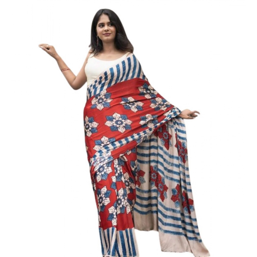 Spherevant Women's Linen Printed Saree With Unstitched Blouse 5.5Mtr (Red)