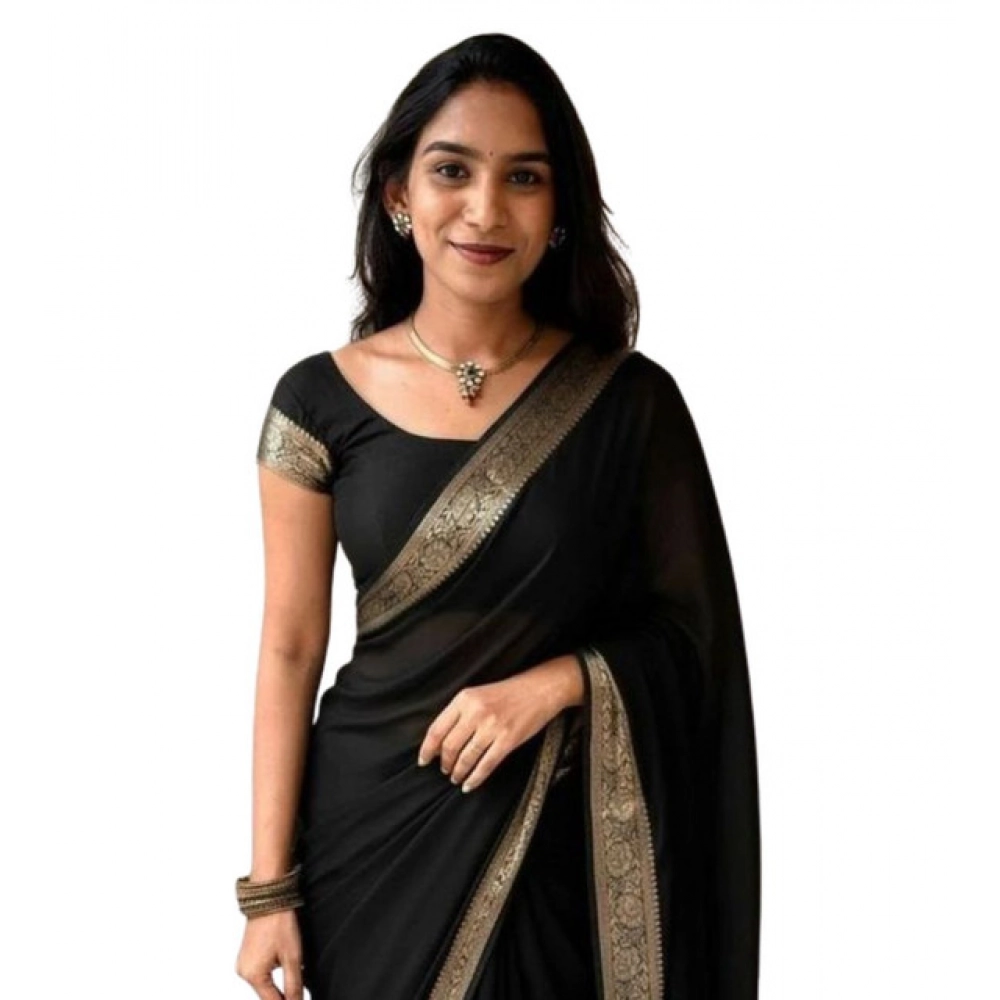 Spherevant Women's Vichitra Silk Printed Saree With Unstitched Blouse 5.5Mtr (Black)