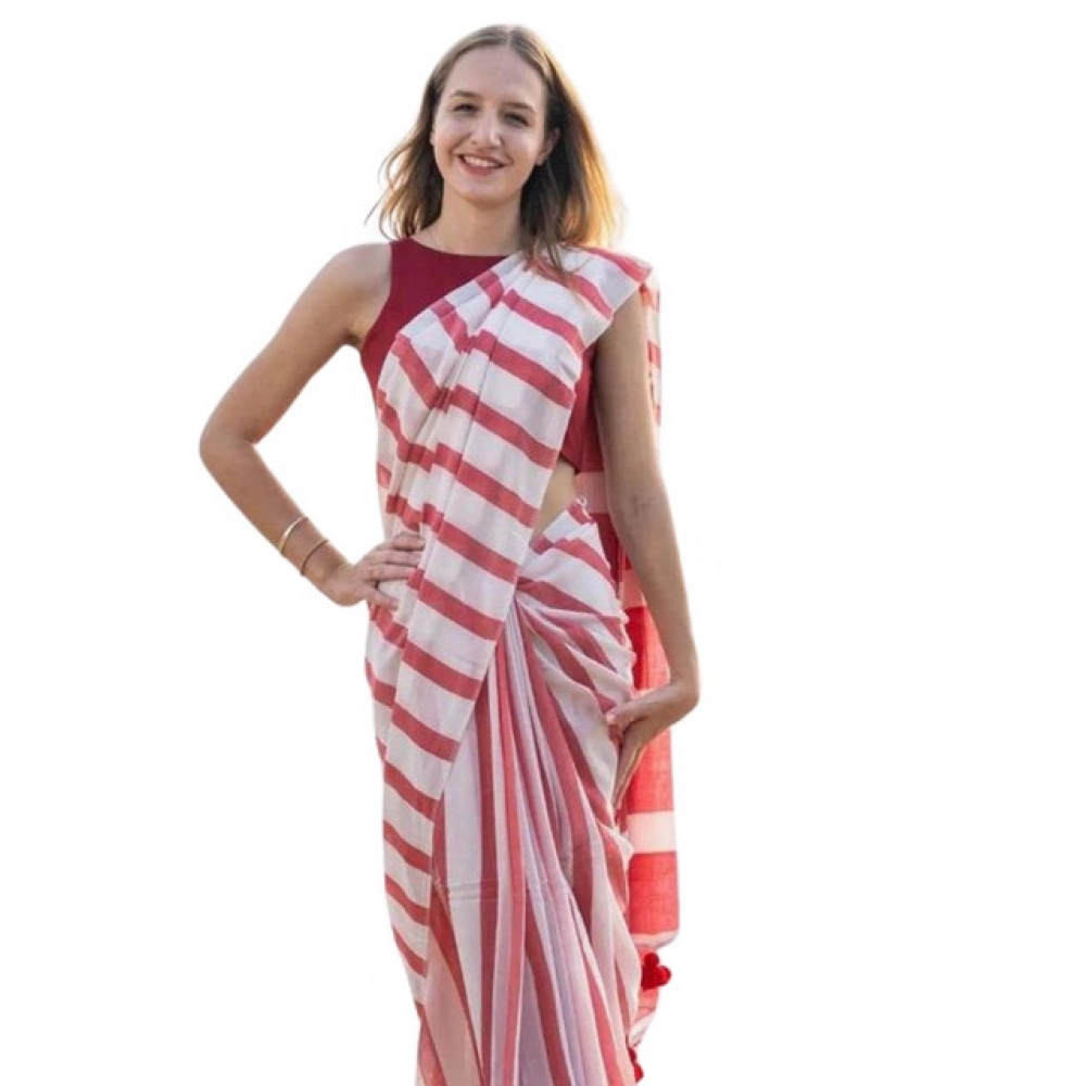 Spherevant Women's Linen Printed Saree With Unstitched Blouse 5.5Mtr (Red)