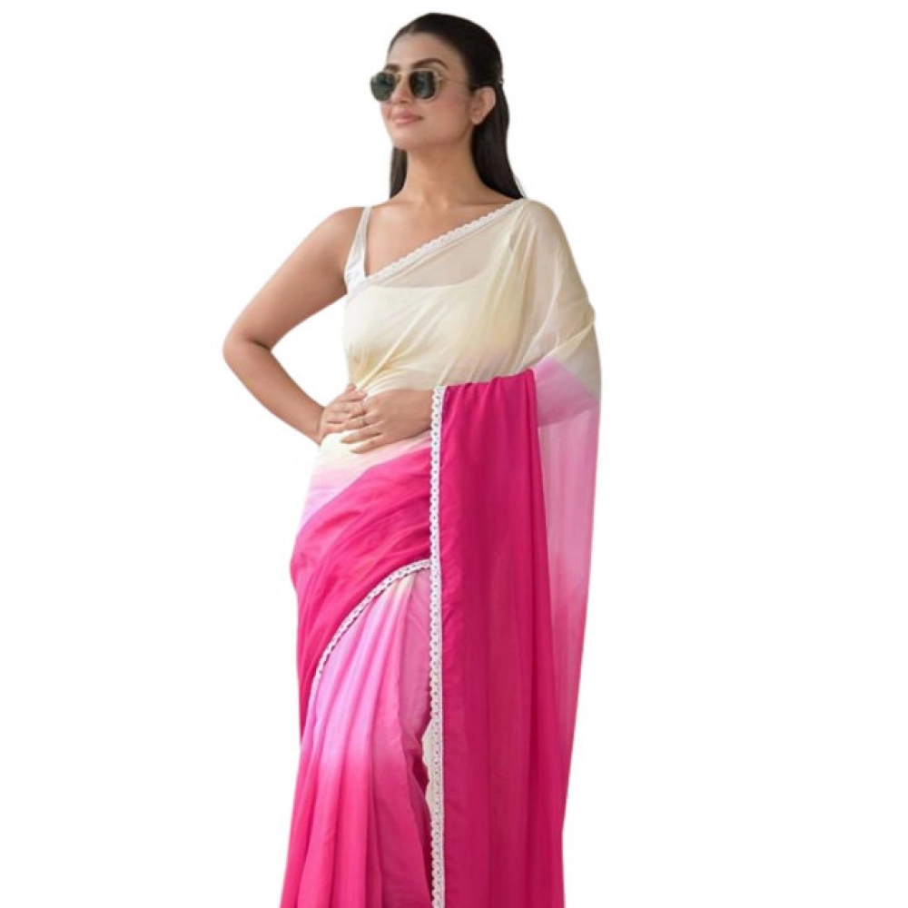 Spherevant Women's Linen Printed Saree With Unstitched Blouse 5.5Mtr (Pink)