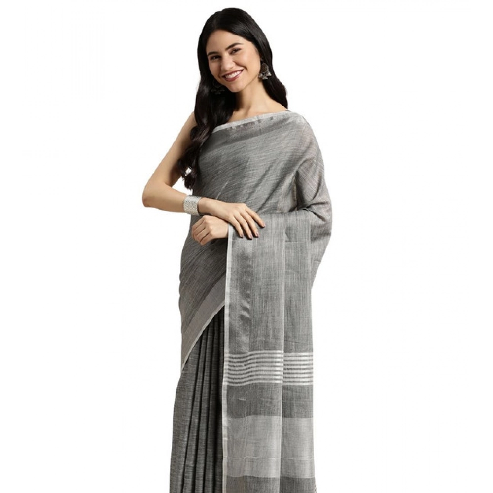 Spherevant Women's Linen Cotton Printed Saree With Unstitched Blouse 5.5Mtr (Dark Grey)