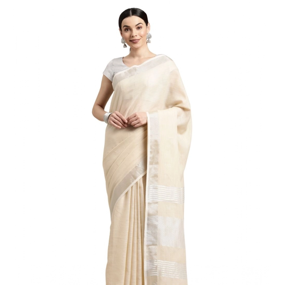 Spherevant Women's Linen Cotton Printed Saree With Unstitched Blouse 5.5Mtr (Cream)