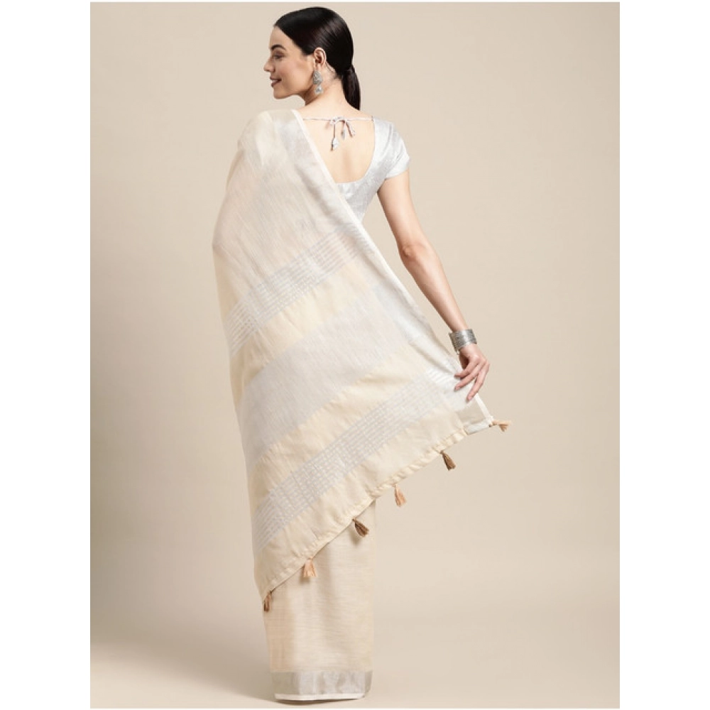 Spherevant Women's Linen Cotton Printed Saree With Unstitched Blouse 5.5Mtr (Cream) - Image 2