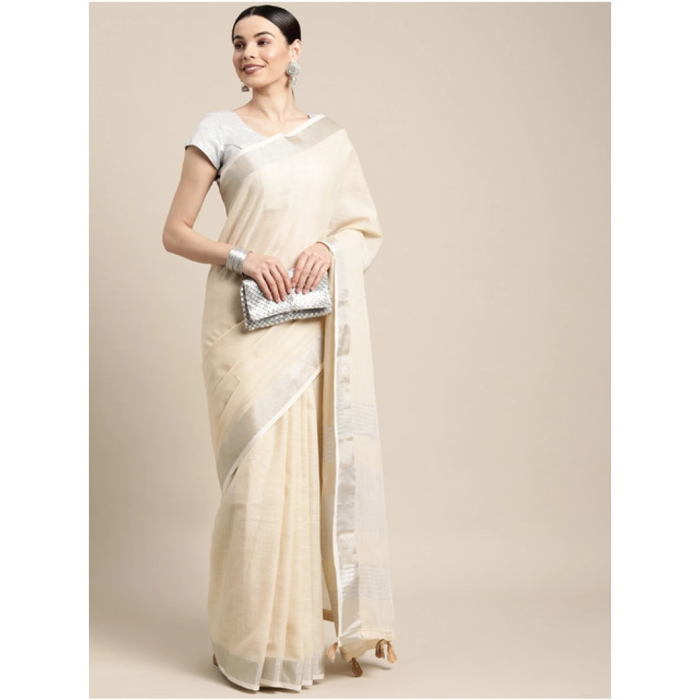 Spherevant Women's Linen Cotton Printed Saree With Unstitched Blouse 5.5Mtr (Cream) - Image 3