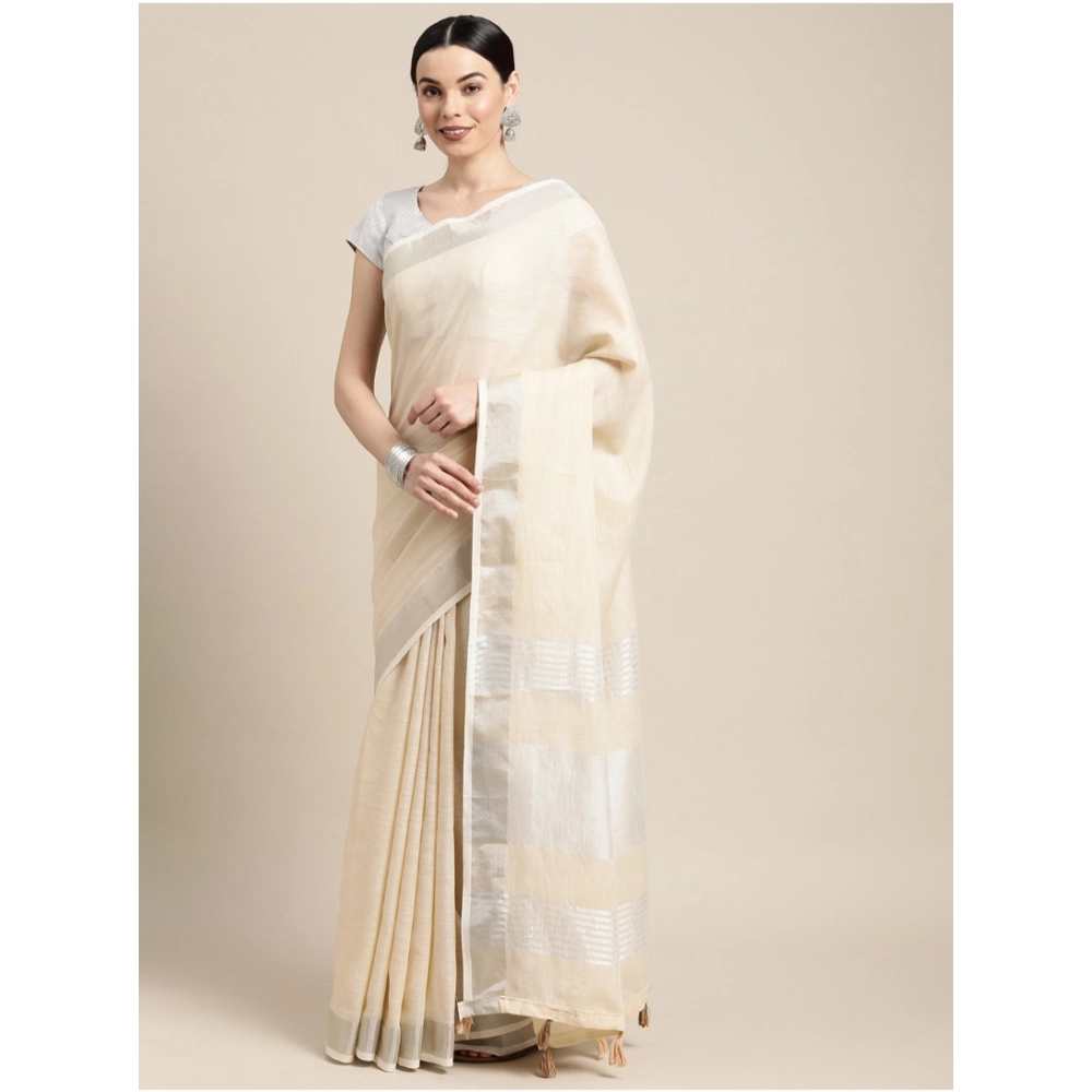 Spherevant Women's Linen Cotton Printed Saree With Unstitched Blouse 5.5Mtr (Cream) - Image 4