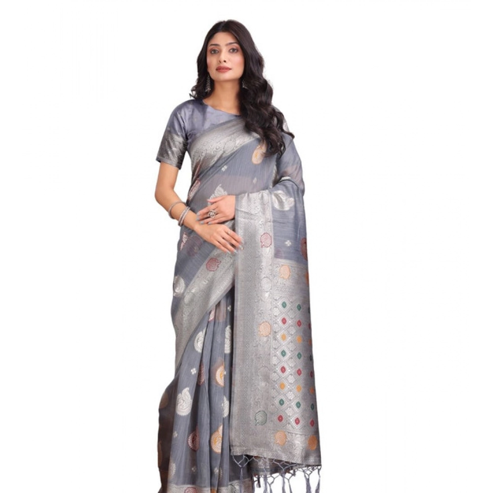 Spherevant Women's Linen Cotton Printed Saree With Unstitched Blouse 5.5Mtr (Grey)