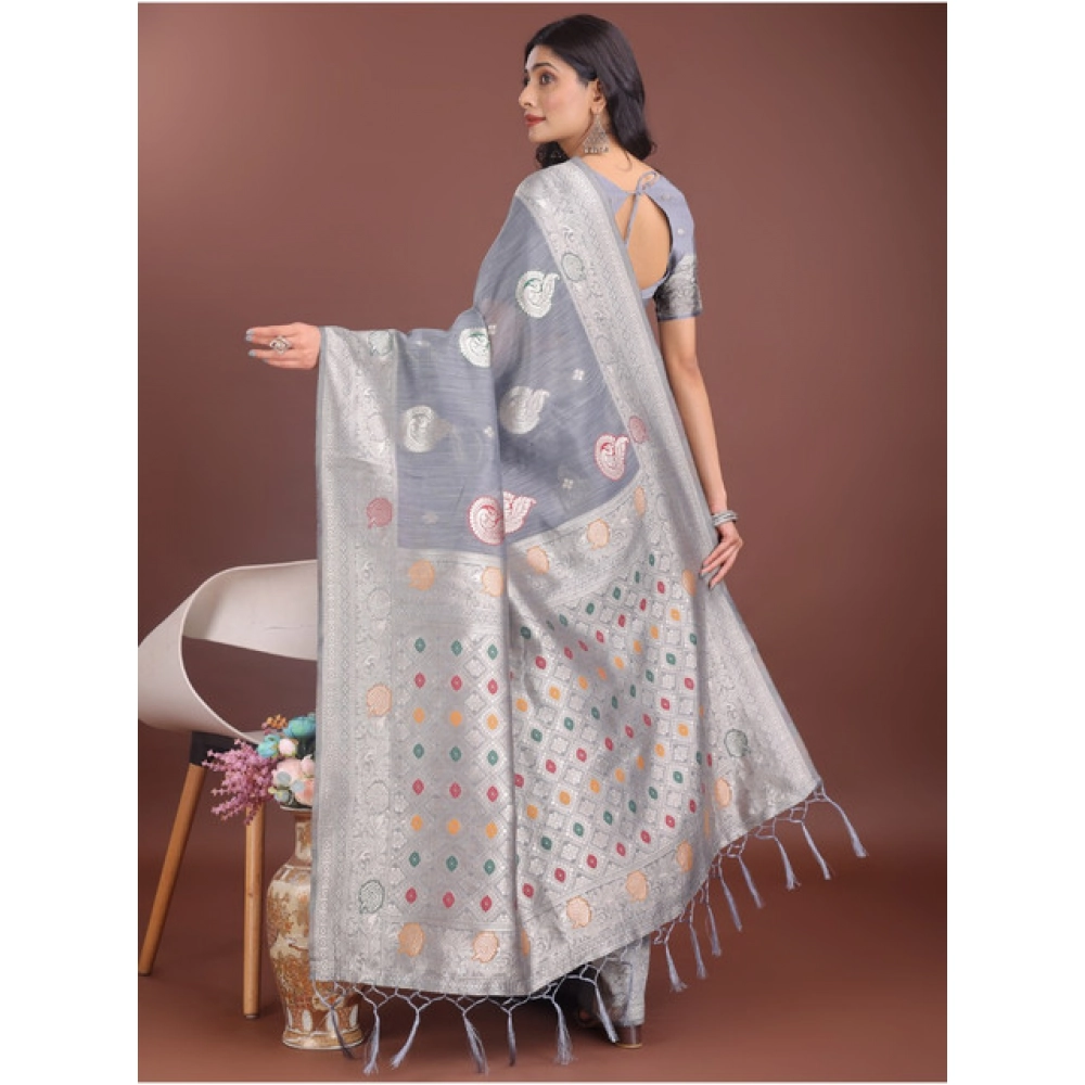 Spherevant Women's Linen Cotton Printed Saree With Unstitched Blouse 5.5Mtr (Grey) - Image 2