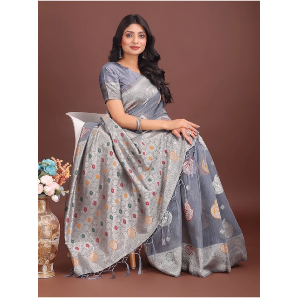 Spherevant Women's Linen Cotton Printed Saree With Unstitched Blouse 5.5Mtr (Grey) - Image 3