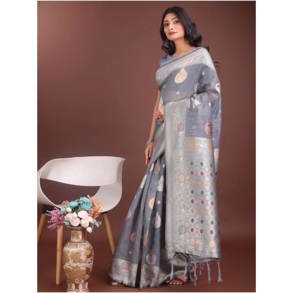 Spherevant Women's Linen Cotton Printed Saree With Unstitched Blouse 5.5Mtr (Grey) - Image 4