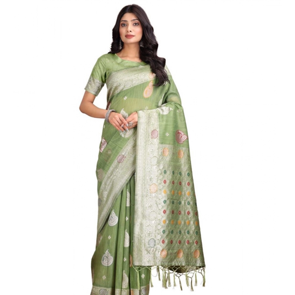 Spherevant Women's Linen Cotton Printed Saree With Unstitched Blouse 5.5Mtr (Light Green)