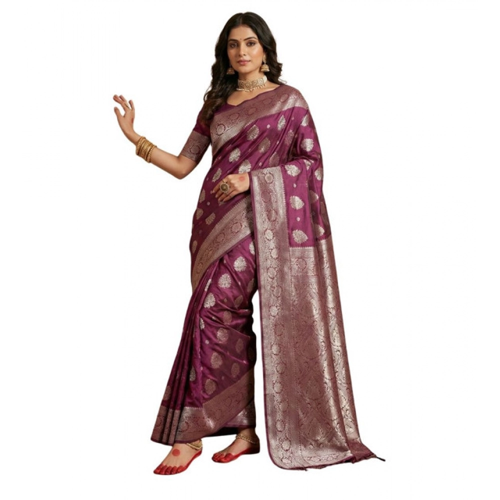 Spherevant Women's Silk Blend Printed Saree With Unstitched Blouse 5.5Mtr (Purple)