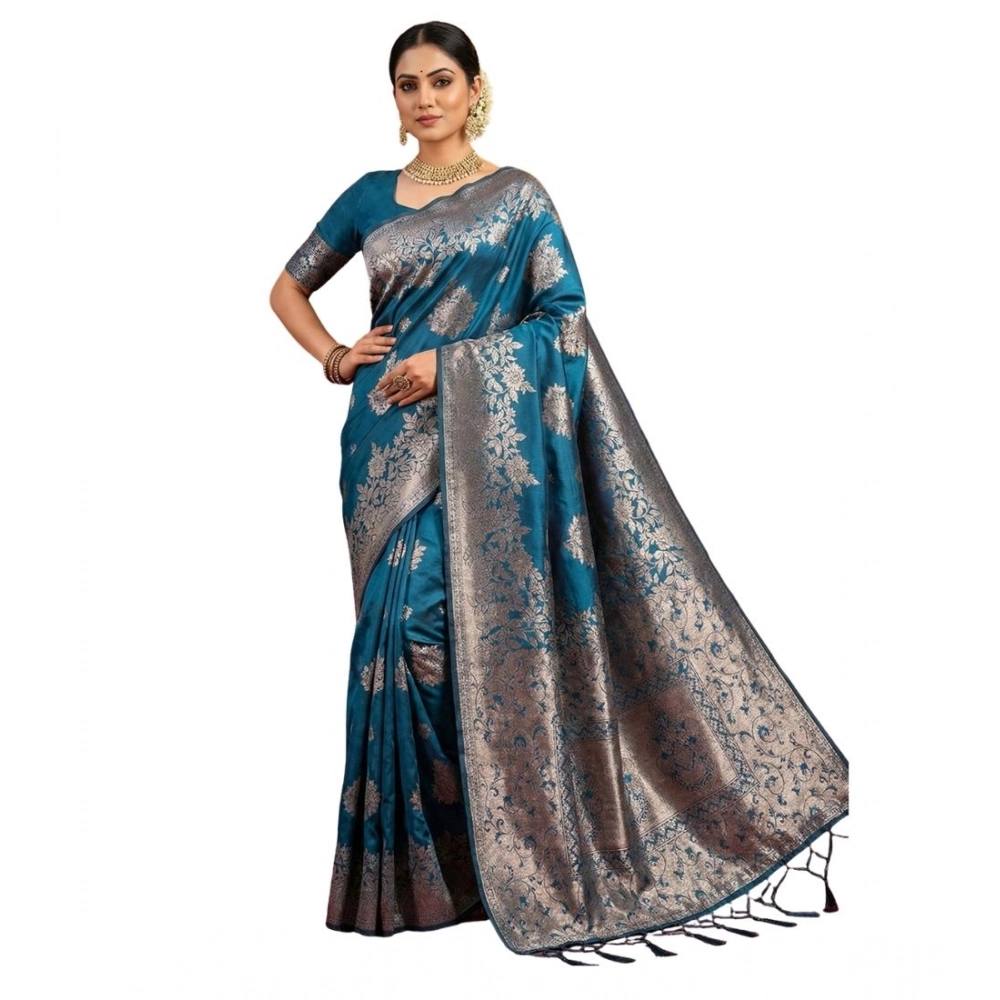 Spherevant Women's Silk Blend Printed Saree With Unstitched Blouse 5.5Mtr (Teal Blue)