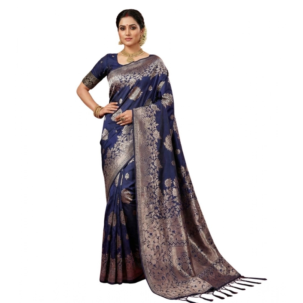 Spherevant Women's Silk Blend Printed Saree With Unstitched Blouse 5.5Mtr (Navy Blue)