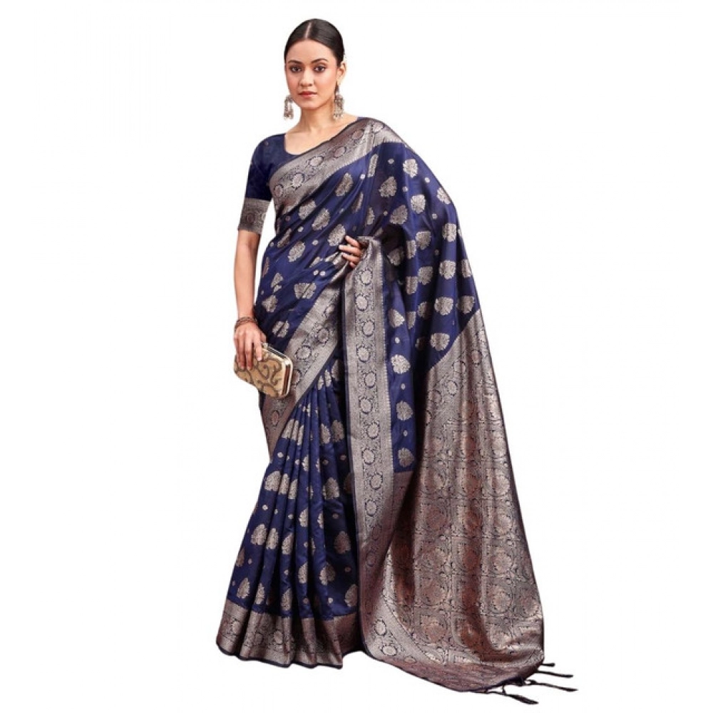 Spherevant Women's Banarasi Silk Printed Saree With Unstitched Blouse 5.5Mtr (Navy Blue)