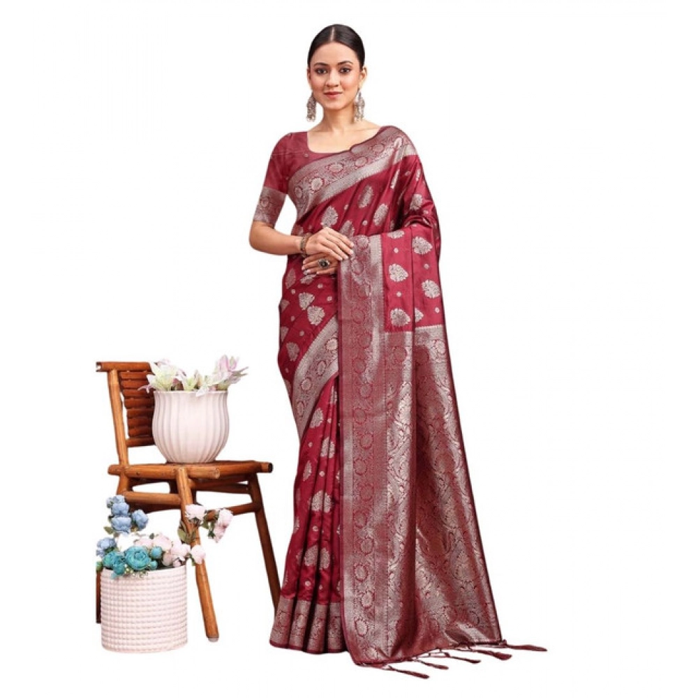Spherevant Women's Banarasi Silk Printed Saree With Unstitched Blouse 5.5Mtr (Maroon)