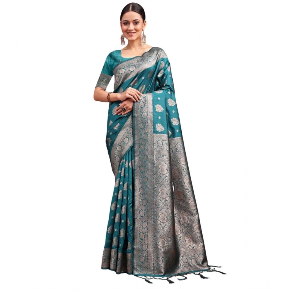Spherevant Women's Banarasi Silk Printed Saree With Unstitched Blouse 5.5Mtr (Sea Green)
