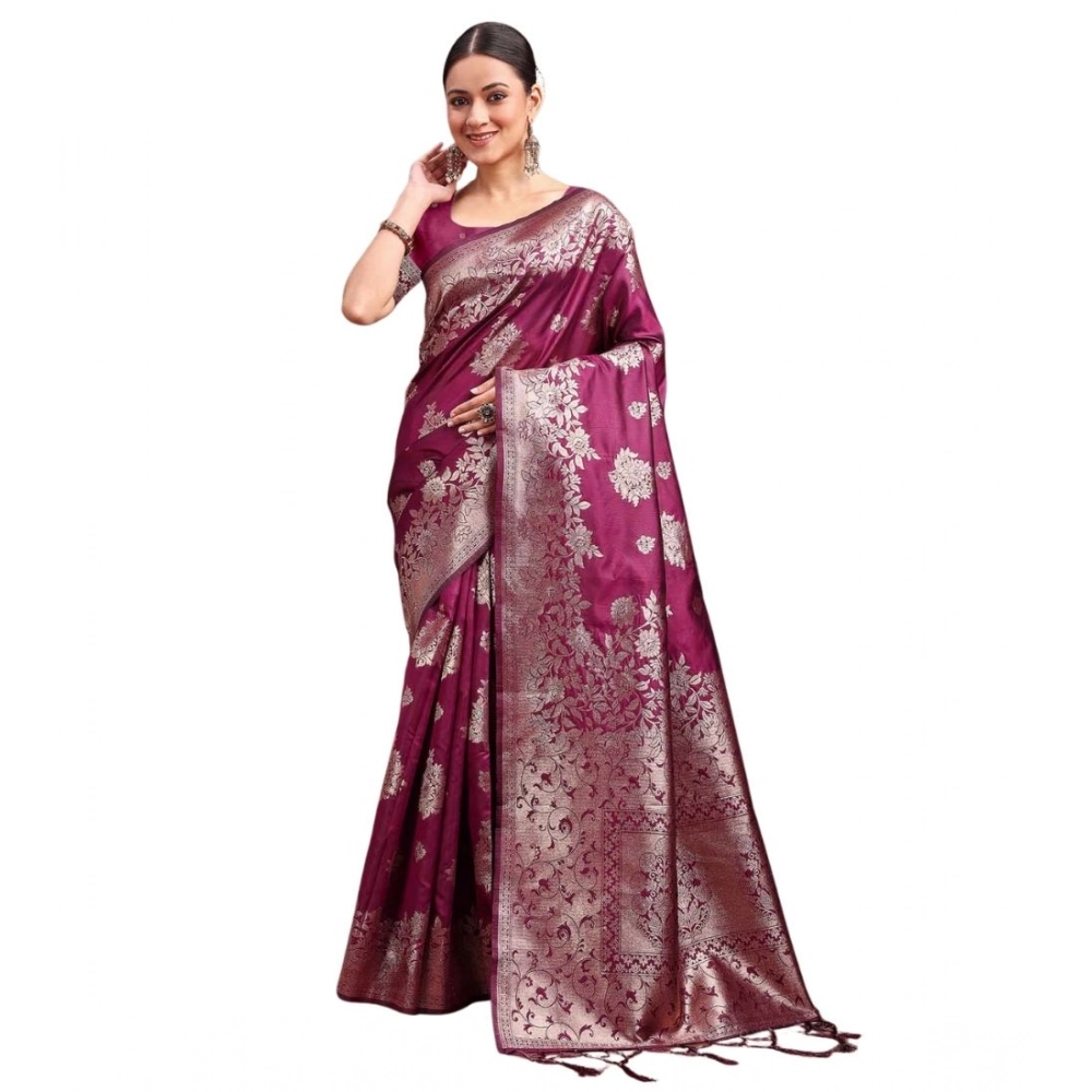 Spherevant Women's Banarasi Silk Printed Saree With Unstitched Blouse 5.5Mtr (Purple)