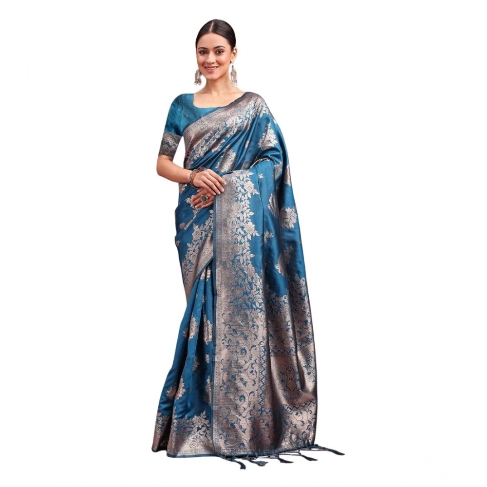 Spherevant Women's Banarasi Silk Printed Saree With Unstitched Blouse 5.5Mtr (Teal Blue)