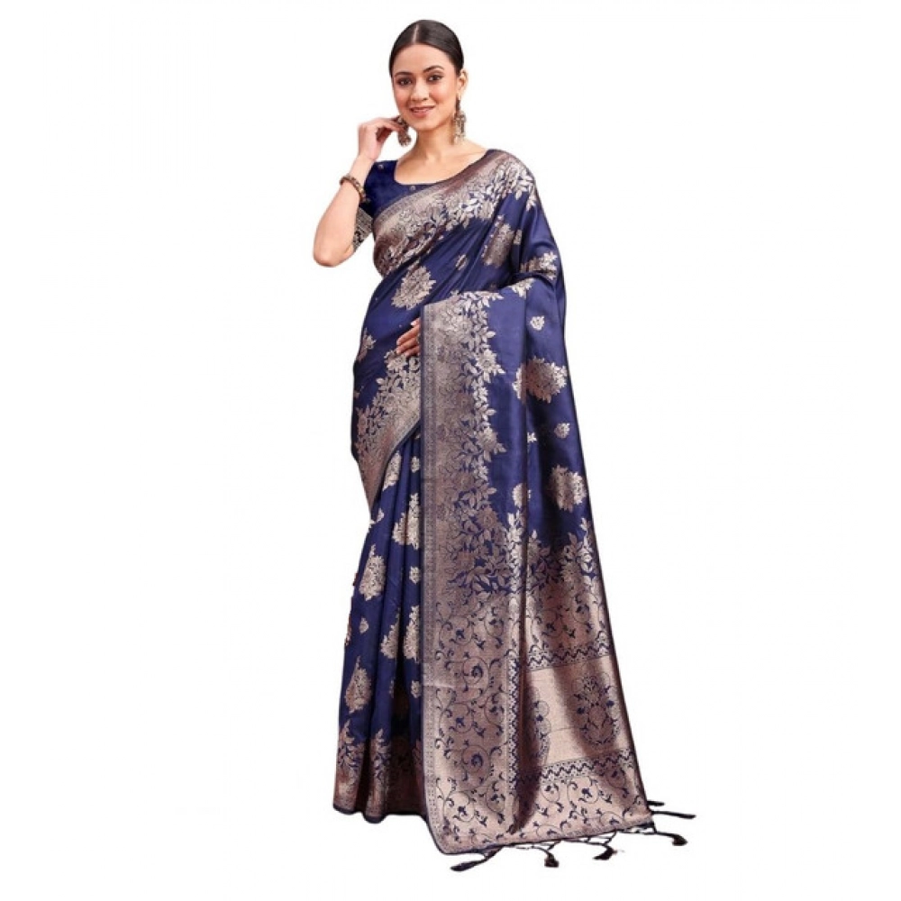 Spherevant Women's Banarasi Silk Printed Saree With Unstitched Blouse 5.5Mtr (Navy Blue)